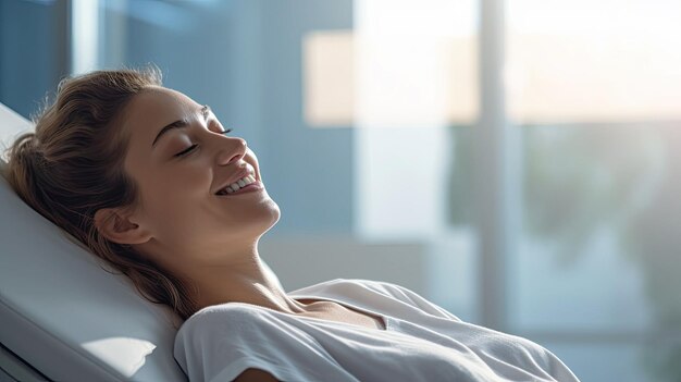 Foto una paciente que yace satisfecha sonriendo en la cama de un paciente de un hospital moderno