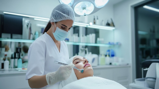 La paciente se relaja durante un procedimiento cosmético con un cosmetólogo profesional que usa guantes y una máscara trabajando en sus cejas en una clínica de belleza limpia y brillante