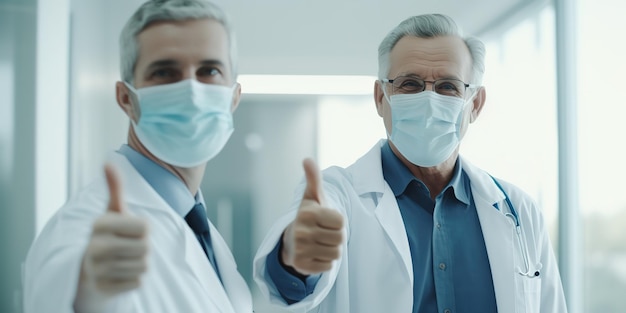 Paciente sênior feliz e médico vestido com máscaras médicas se comunicam em um escritório de hospital