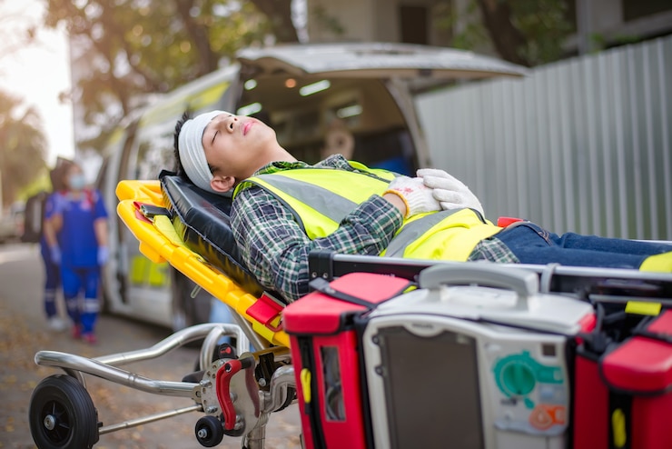 Foto paciente de sexo masculino inconsciente / con la cabeza rota acostado en una camilla de ambulancia para transportar a los heridos al hospital en una ambulancia.