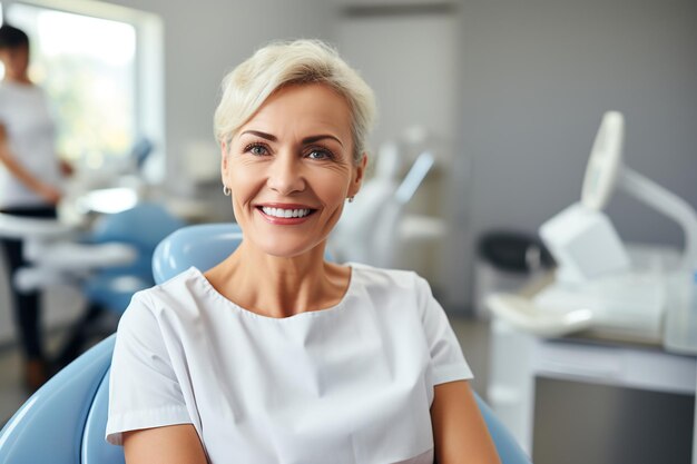 Foto paciente sorridente num consultório dentário