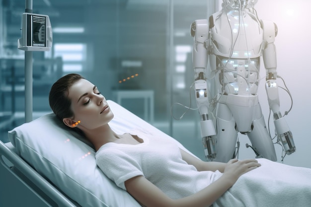 Paciente tendido en una cama de hospital rodeado de robots y equipos médicos