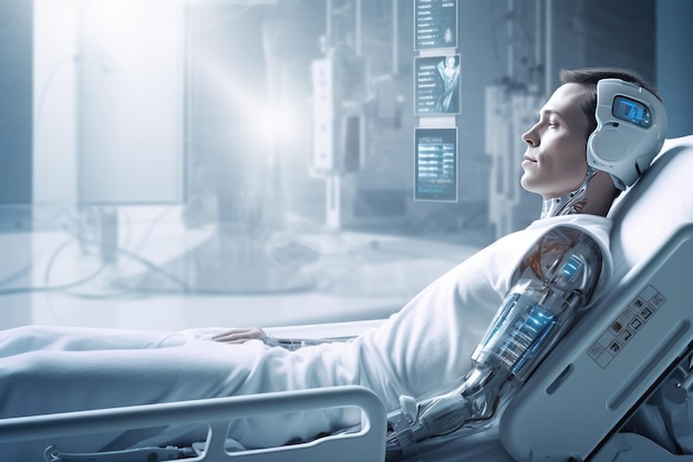 Paciente tendido en una cama de hospital rodeado de robots y equipos médicos