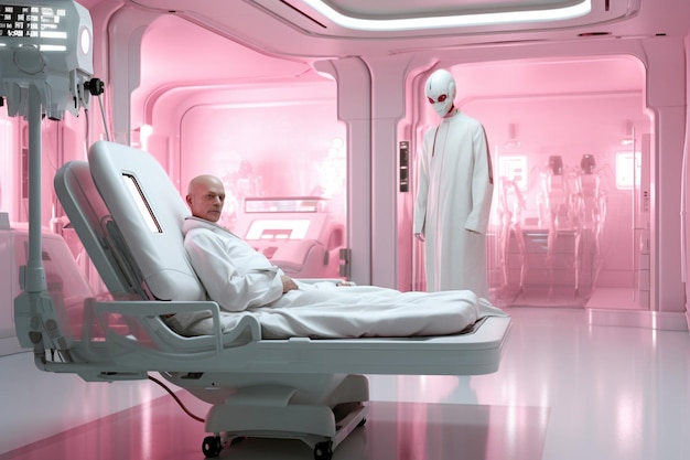 Pacientes no hospital do século XX alta tecnologia rosa e creme cyberpunk kanji realista