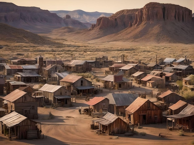 Pacífica aldea del salvaje oeste con casas pequeñas y robustas en el desierto con valles