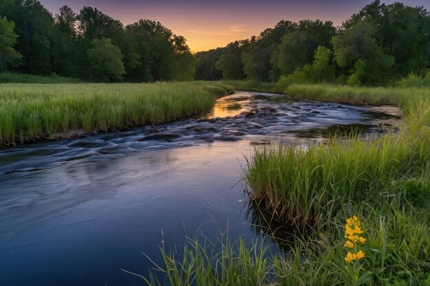 La pacífica curva del río en el crepúsculo