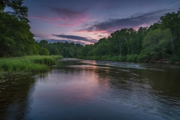 La pacífica curva del río en el crepúsculo