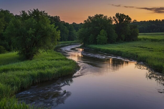 La pacífica curva del río en el crepúsculo