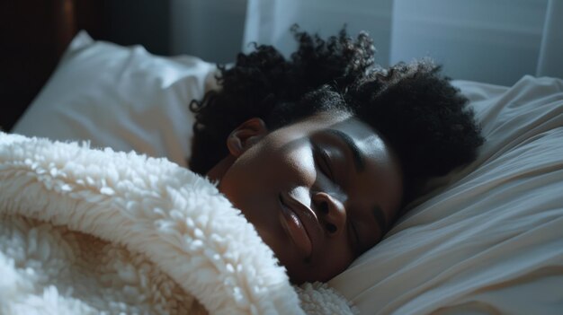 Una pacífica mujer afroamericana descansando en la cama