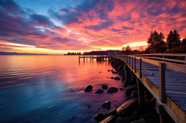 Pacífico muelle de pesca en el resplandor del atardecer