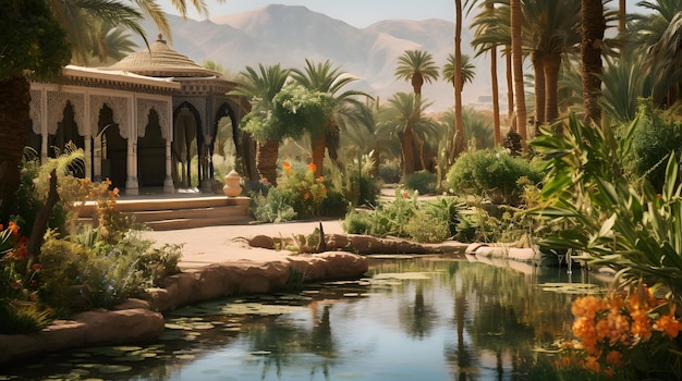 Foto un pacífico oasis marroquí con palmeras de dátiles y flores del desierto