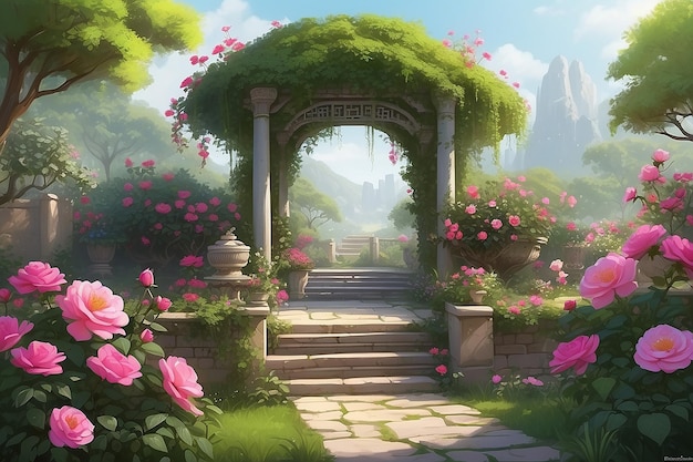 El pacífico santuario del jardín de rosas de China Pintura digital