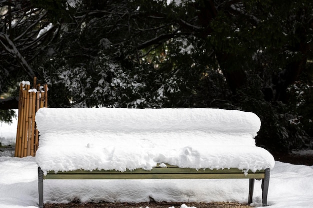 Packen Sie die Bank unter Schnee, während der Schnee für eine winterliche Szenerie weiter fällt