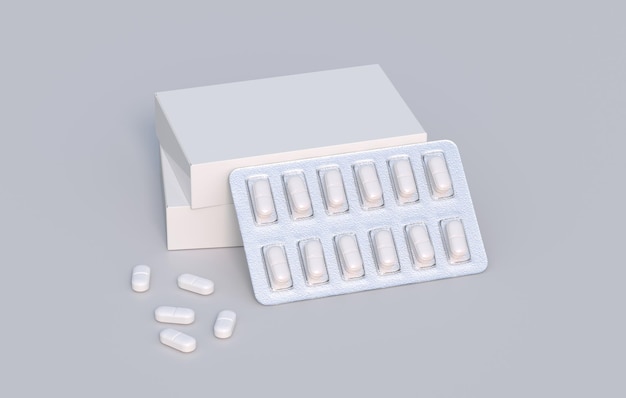 Pacote com duas bolhas com comprimidos de medicamentos Renderização em 3d de modelo de maquete