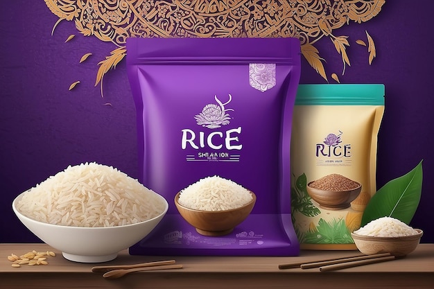 pacote de arroz roxo comida tailandesa logotipo produtos e tecido fundo artes tailandesas