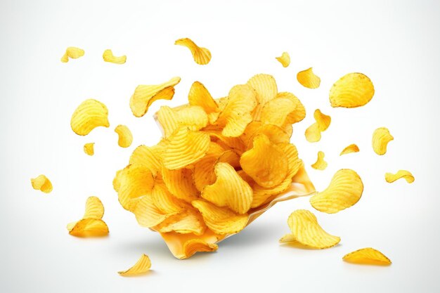 Pacote de chips com chips voadores isolados em um fundo branco