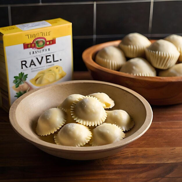 Foto pacote de massa de ravioli e um pouco de pasta de ravioli em uma tigela no balcão da cozinha gerado pela ia