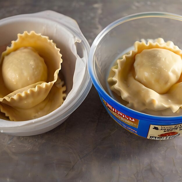 Foto pacote de massa de ravioli e um pouco de pasta de ravioli em uma tigela no balcão da cozinha gerado pela ia