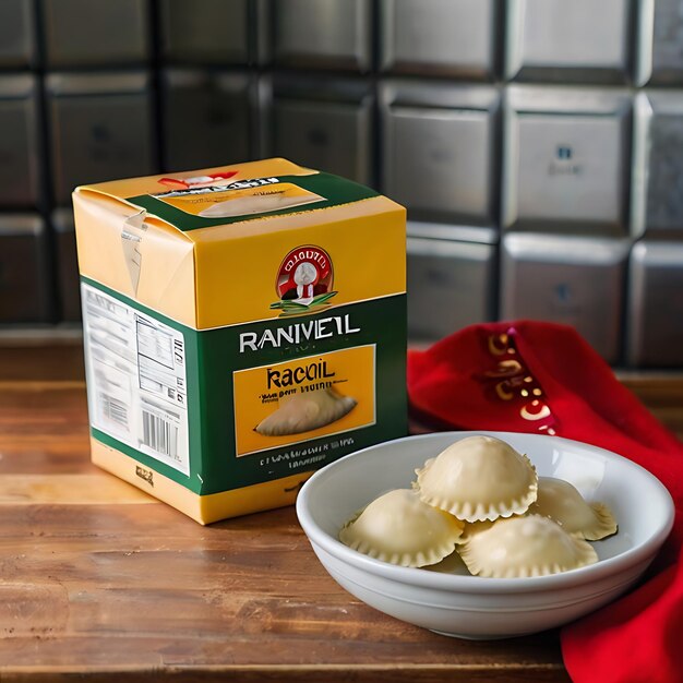 Foto pacote de massa de ravioli e um pouco de pasta de ravioli em uma tigela no balcão da cozinha gerado pela ia