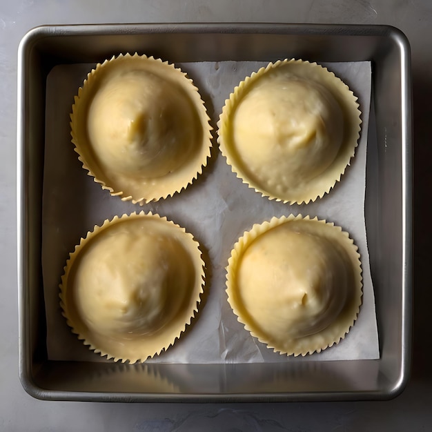 Foto pacote de massa de ravioli e um pouco de pasta de ravioli em uma tigela no balcão da cozinha gerado pela ia