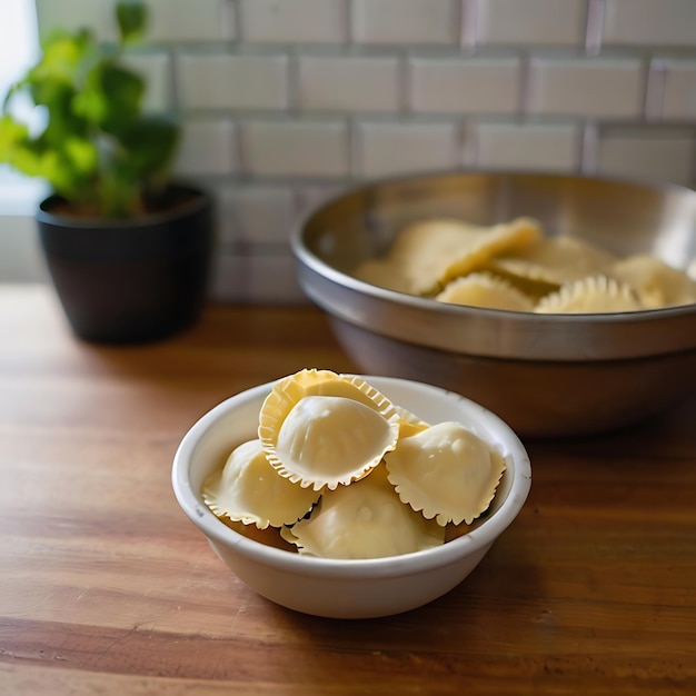 Foto pacote de massa de ravioli e um pouco de pasta de ravioli em uma tigela no balcão da cozinha gerado pela ia