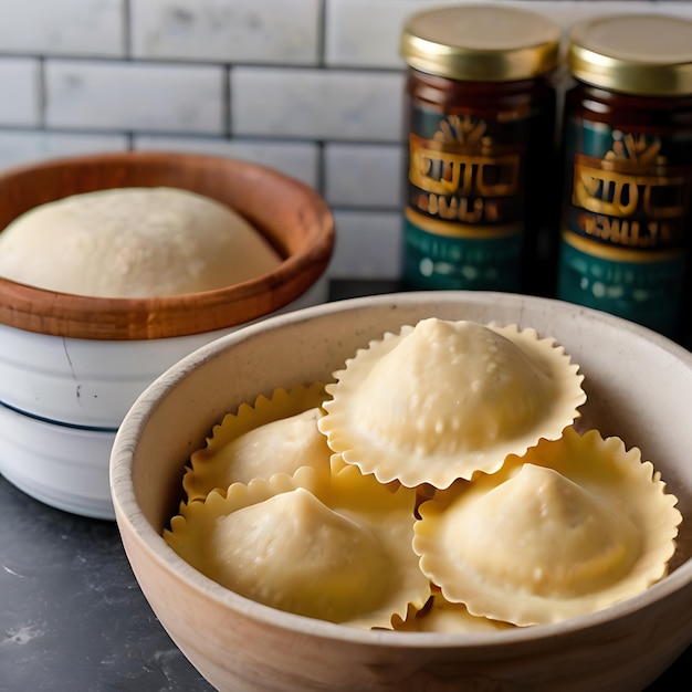 Foto pacote de massa de ravioli e um pouco de pasta de ravioli em uma tigela no balcão da cozinha gerado pela ia