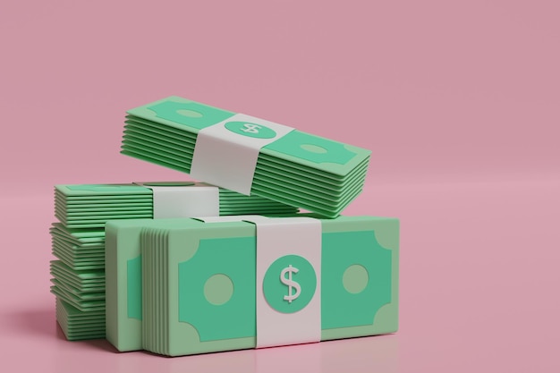 Pacote de notas de dinheiro em dólar no fundo rosa Lucro de investimento empresarial Economizando dinheiro conceito de objetivo financeiro ilustração 3d