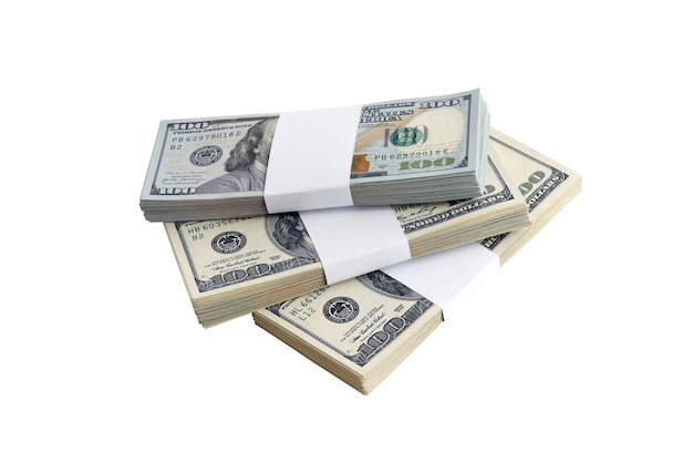 Pacote de notas de dólar americano isoladas em branco Pacote de dinheiro americano com alta resolução em fundo branco perfeito