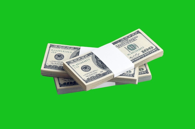 Pacote de notas de dólar americano isoladas em chroma keyer verde Pacote de dinheiro americano com alta resolução em máscara verde perfeita