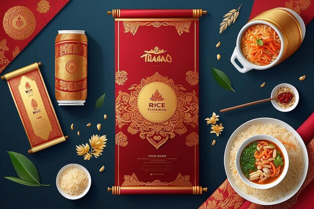 Pacote vermelho e dourado comida da Tailândia Logotipo Produtos e tecido Fundo Artes tailandesas
