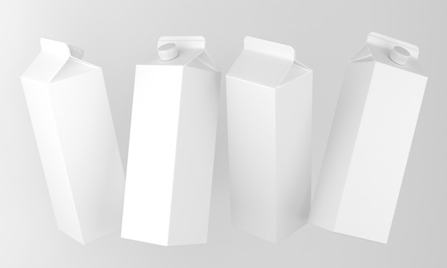 pacotes de leite ou suco em branco em posições diferentes