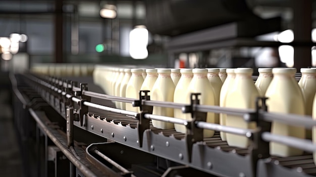Pacotes de produtos lácteos estão se movendo em uma linha transportadora na fábrica Garrafas com leite