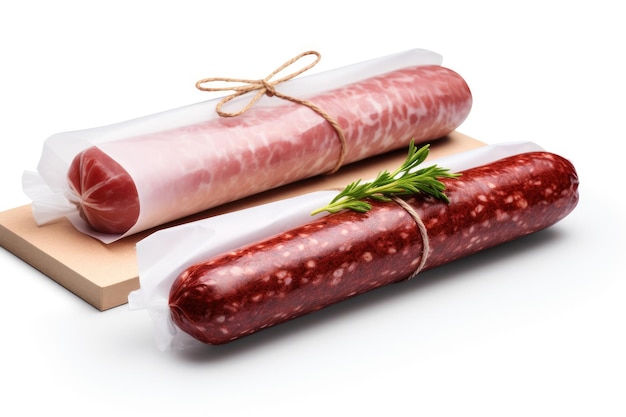 Pacotes de salame e salsicha no fundo branco