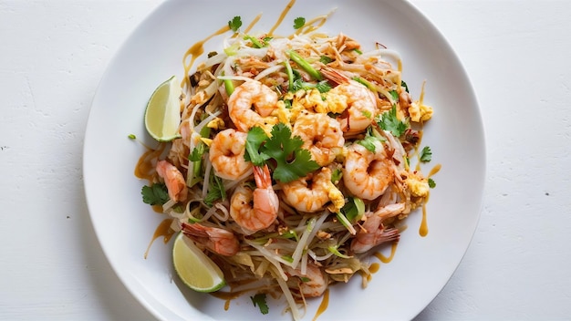 Pad thai de camarón sobre un fondo blanco