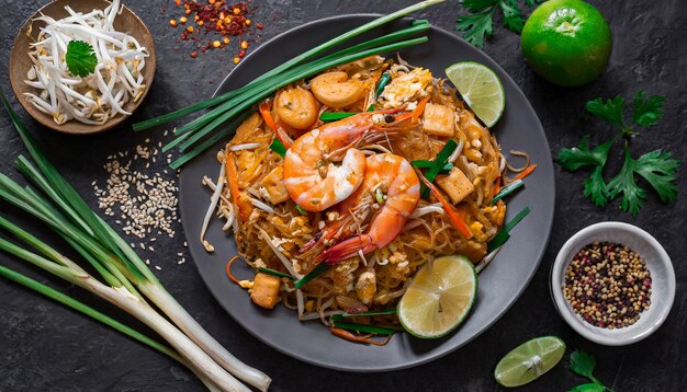 Foto pad thai o phad thai tailandia famosa receta tailandesa cocinada y recién frita de fideos tailandeses de camarón pad