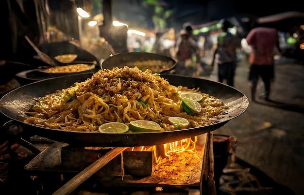 Pad Thai, um prato delicioso de macarrão frito em um movimentado mercado noturno tailandês Comida de rua