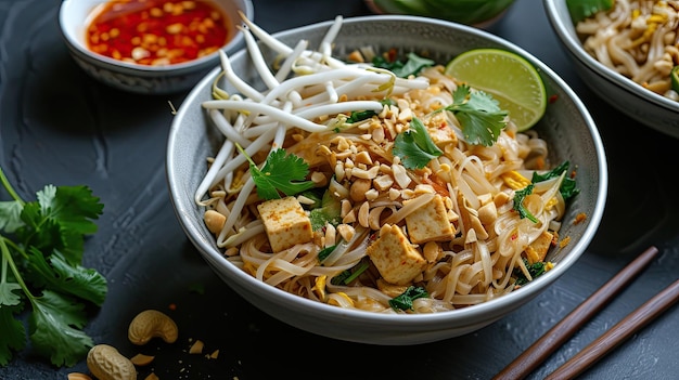 Pad thai vegano hecho con fideos de arroz, brotes de frijoles de tofu y perejil Plato de restaurante que sirve comida de temporada que ofrece una nutrición adecuada.