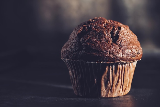 Padaria caseira de muffin de chocolate em fundo escuro, incluindo espaço de cópia