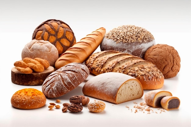Padaria e pão Diferentes tipos de padaria e pão não doces, como pão integral e ciabatta, são mostrados sozinhos em um pano de fundo branco Generative AI