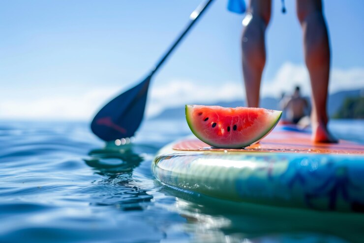 Paddleboarder con una rebanada de sandía a bordo en el mar tranquilo