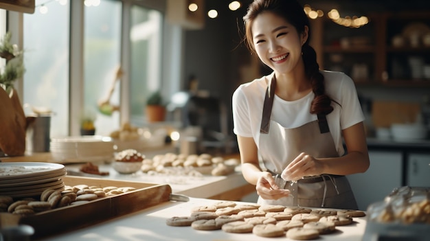 Padeira asiática sorridente preparando biscoitos em uma cozinha comercial