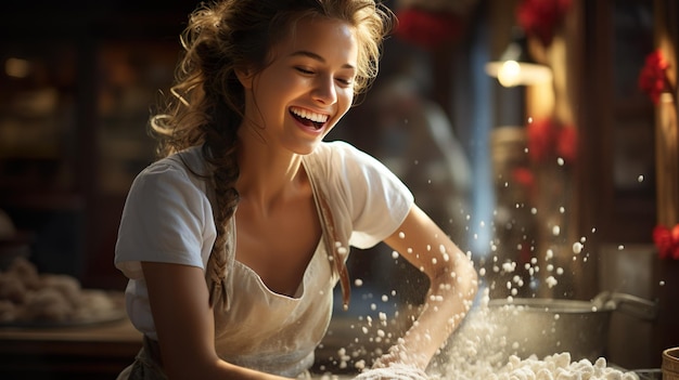 padeira em avental e roupa de padaria fazendo bolos com sorriso e amor para assar na cozinha