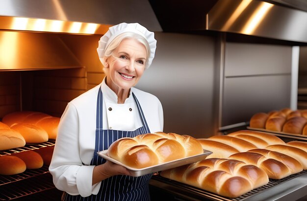 Foto padeiras idosas sorridente olhando para a câmera chefes padeiro em um vestido de chef