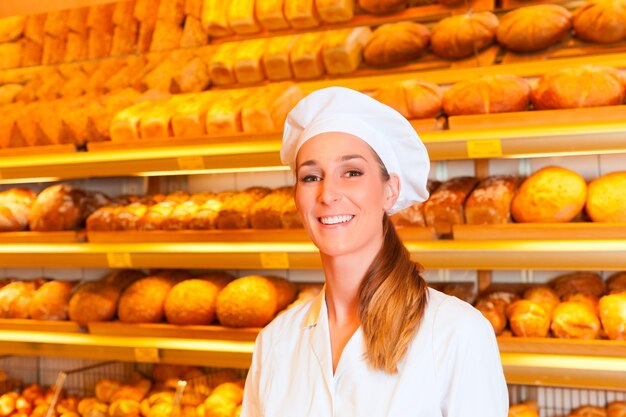 Padeiro feminino vendendo pão na padaria