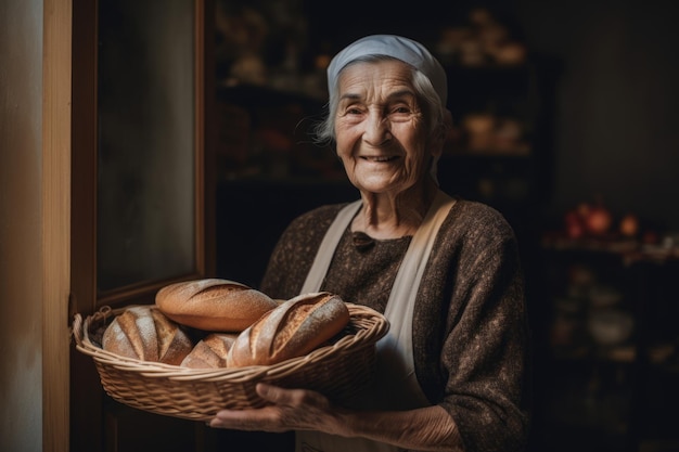 Padeiro sênior espanhol sorridente em pé na cozinha de casa segurando pão na cesta Generative AI AIG21