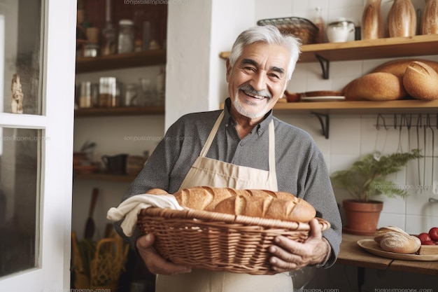 Padeiro sênior espanhol sorridente em pé na cozinha de casa segurando pão na cesta Generative AI AIG21