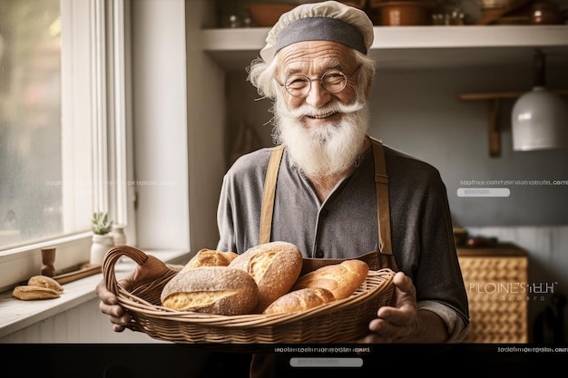 Padeiro sênior sueco sorridente em pé na cozinha de casa segurando pão na cesta Generative AI AIG21