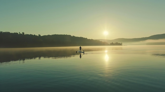 Foto pádel de manhã cedo uma figura solitária pádel pranchas através de um lago quieto ao nascer do sol