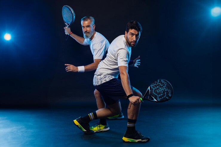 Foto padel tênis duplas dois atletas jogadores com raquete homem atleta com raquette de padel na quadra com cores de néon conceito de esporte baixe uma foto de alta qualidade para o design de um aplicativo de esportes