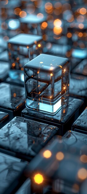 Padrão 3D de cubos pretos com uma superfície de vidro transparente exposta a uma bela luz cintilante